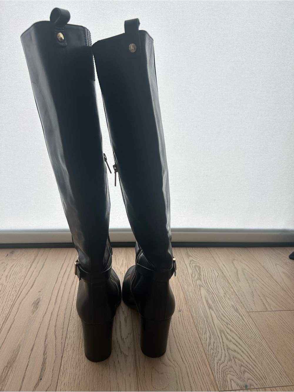 Michael Kors Black Leather Knee-High Buckle Heeled Boots - Picture 6 of 7